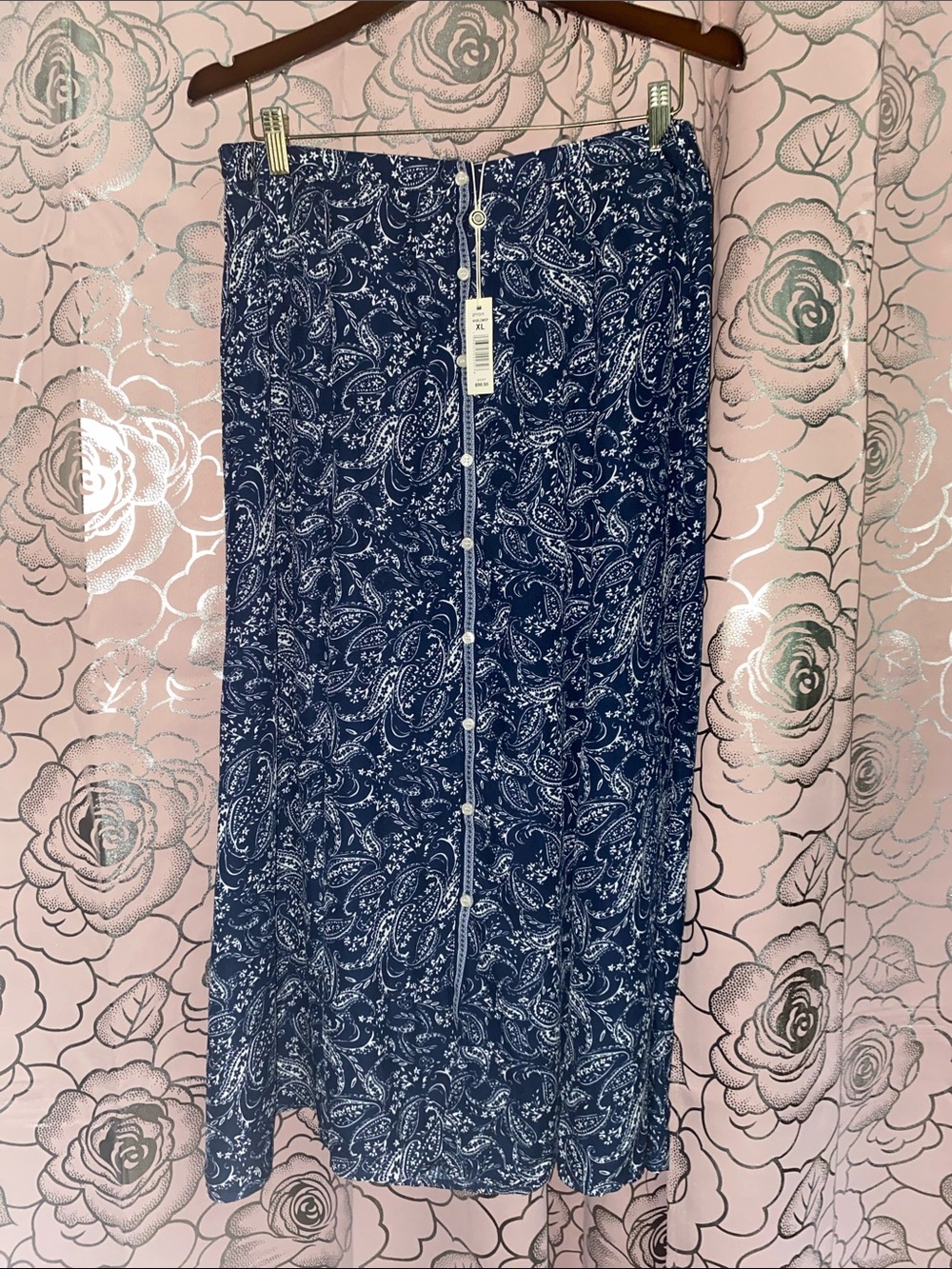 NWT Max Studio Blue Paisley Button Front Maxi Skirt Size XL Boho